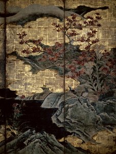 四季の鳥と花（ペンとインク、色、パネル上の金の紙）（216552、216551を参照） 作： Kano Soshu